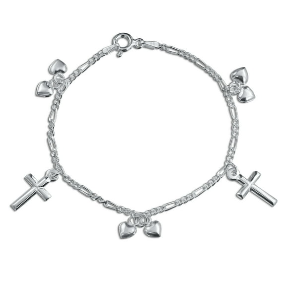 Bling Jewelry Womens Christian Religious Multi Dangling Hearts Cross Charm Bracelet Silver 6 Inch