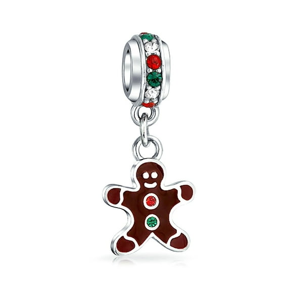Bling Jewelry Womens Christmas Charm Bead Gingerbread Man Cookie Brown Enamel Silver Bracelet