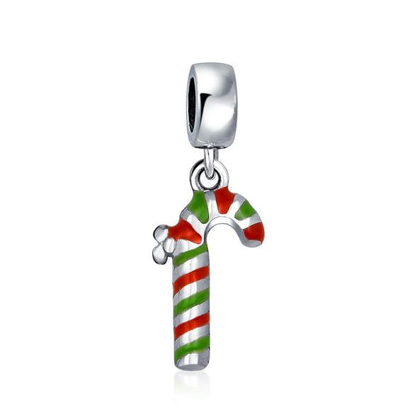 Bling Jewelry Womens .925 Sterling Silver Winter Stripe Red Green Christmas Peppermint Candy Cane Dangle Charm Bead