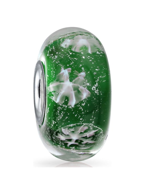 Womens .925 Sterling Silver Green White Snowflake Murano Glass Spacer Charm Bead for Bracelet