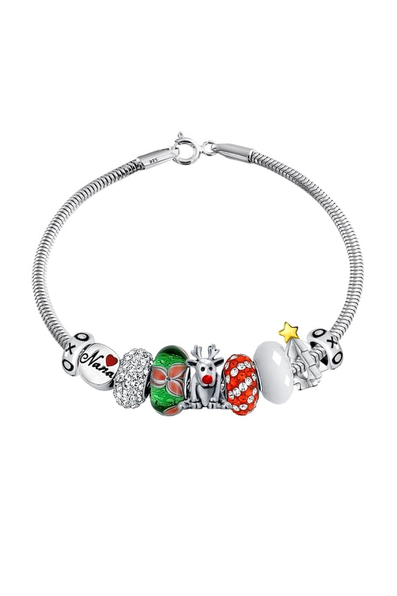 Womens Reindeer Grandma Nana Christmas Bead Charm Bracelet Sterling Silver 7.5"