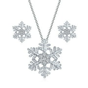 BLING JEWELRY Womens Holiday Party Snowflake Pendant Necklace & Earrings Set Clear CZ Sterling Silver