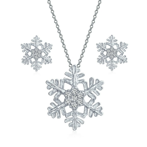 Bling Jewelry Womens Holiday Party Snowflake Pendant Necklace & Earrings Set Clear CZ Sterling Silver