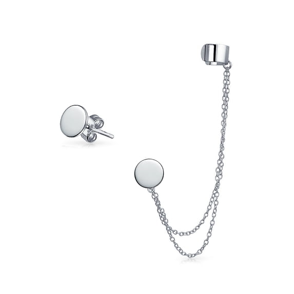 Bling Jewelry Womens Circle Ear Cuff Wrap & Chains Disc Stud Earring .925 Sterling Silver Set