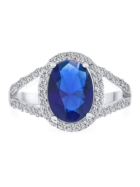 Womens 10CT Sapphire Blue CZ Oval Halo Statement Cocktail Ring Split Band Rhodium
