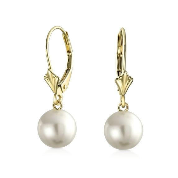 Bling Jewelry Womens Real 14K Yellow Gold Round Freshwater Pearl Drop Ball Dangle Earrings Lever back