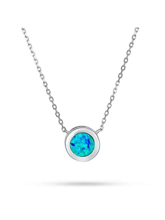 Womens 1CT Solitaire Bezel Set Opal Pendant Necklace .925 Sterling Silver