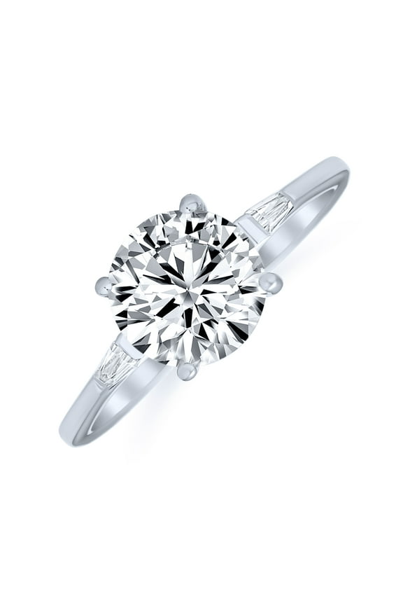 Womens Classic 3CT Round CZ Solitaire Engagement Ring with Baguette Side Stones Silver