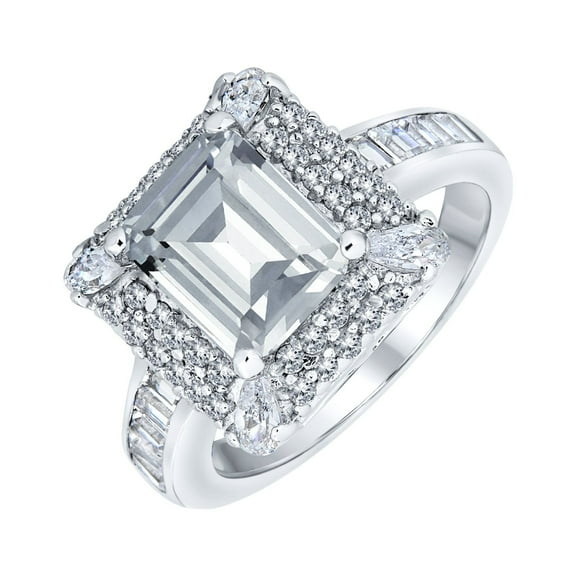 Bling Jewelry Womens Classic 4CTW Emerald Cut CZ Halo Engagement Ring in Sterling Silver Pave Band
