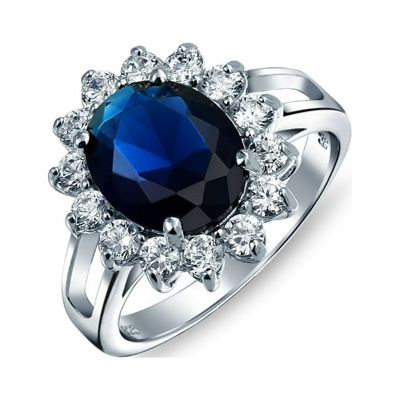 Bling Jewelry Womens Classic 5CTW Royal Blue CZ Halo Oval Simulated Sapphire Engagement Ring Silver