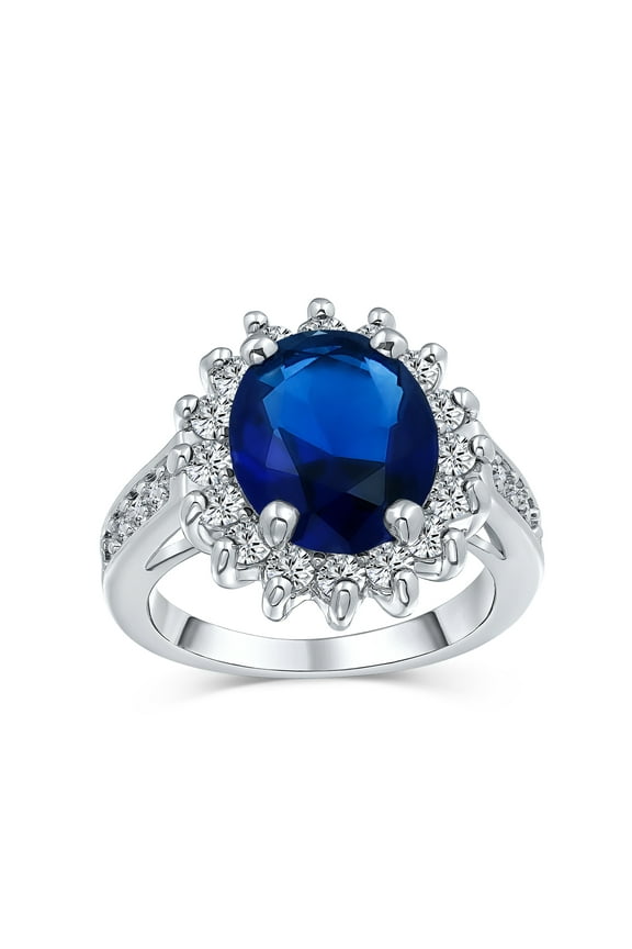 Womens Classic 5CT Blue CZ Sapphire Cubic Zirconia Halo Engagement Ring Silver Plated