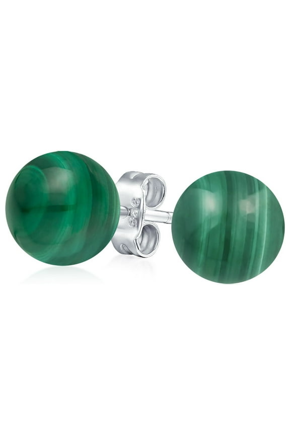 Womens Classic 6MM Green Malachite Gemstone Drop Ball Earrings in Sterling Silver