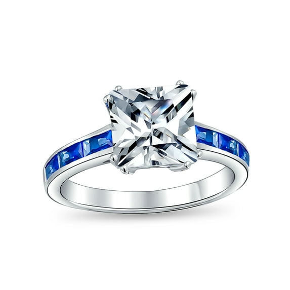 Bling Jewelry Womens Classic Art Deco 3CT CZ Princess Cut Engagement Ring with Sapphire Blue Band