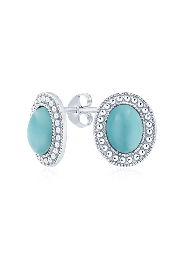 Womens Classic Synthetic Stone Milgrain Bezel Halo Oval Stud Earrings Sterling Silver