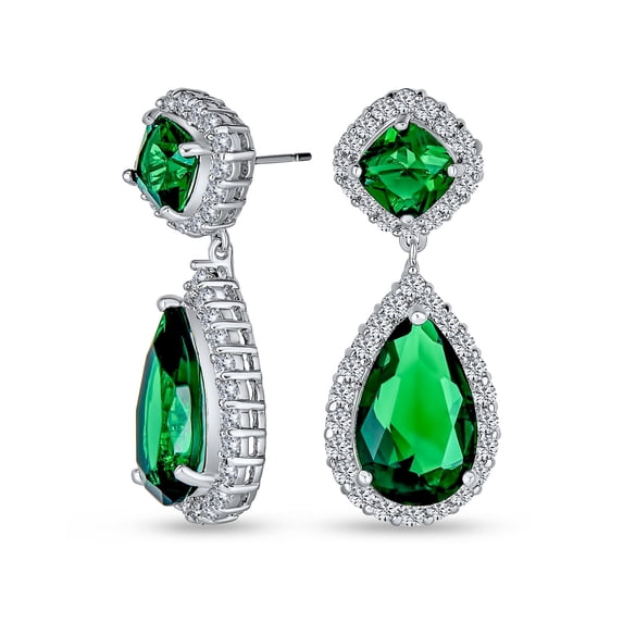 Bling Jewelry Womens Cocktail CZ Halo 7CT Statement Emerald Green Teardrop Chandelier Earrings