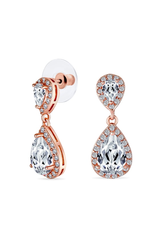 Womens Cocktail Cubic Zirconia CZ Double Solitaire Teardrop Dangle Earrings Rose Gold Plated