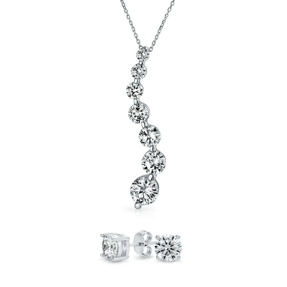 Bling Jewelry Womens Classic Bridal Solitaire CZ Pendant Necklace & Stud Earrings Set Sterling Silver