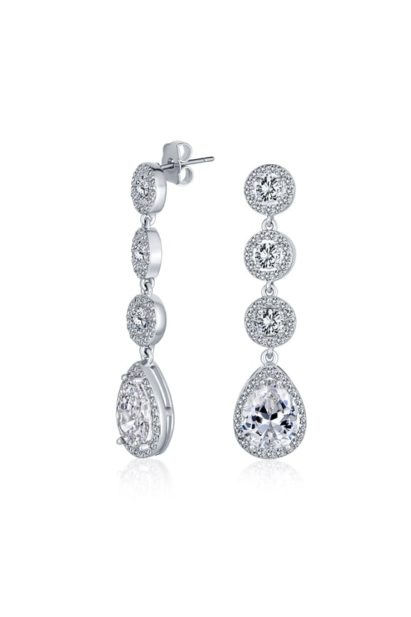 Womens Bridal Triple CZ Halo Long Dangle Teardrop Cocktail Statement Chandelier Earrings Wedding Prom