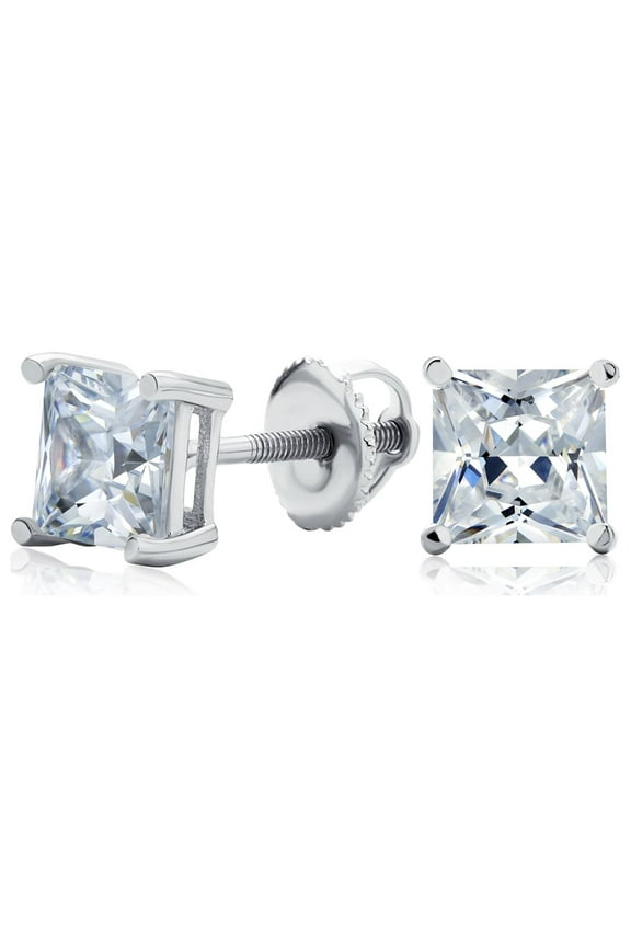 Womens Classic CZ Stud Earrings Square Princess Cut Solitaire Sterling Silver 5-9 MM