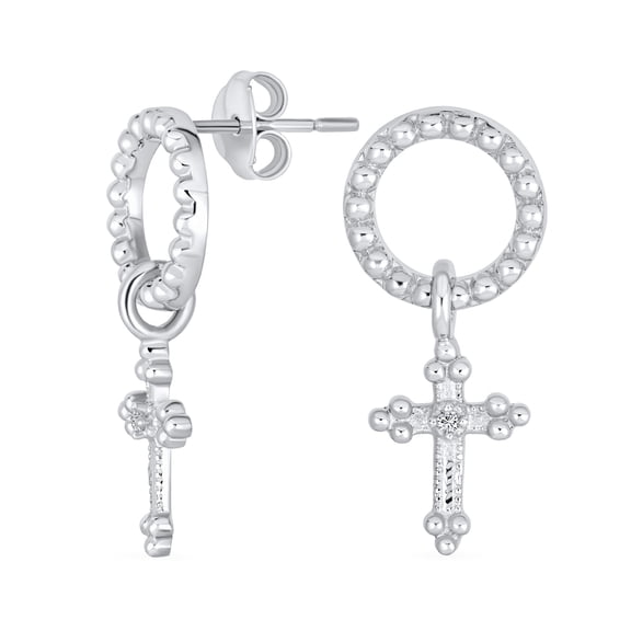 Bling Jewelry Womens Religious Spiritual Eternal Circle & Fleur De Lis Cross Earrings Sterling Silver