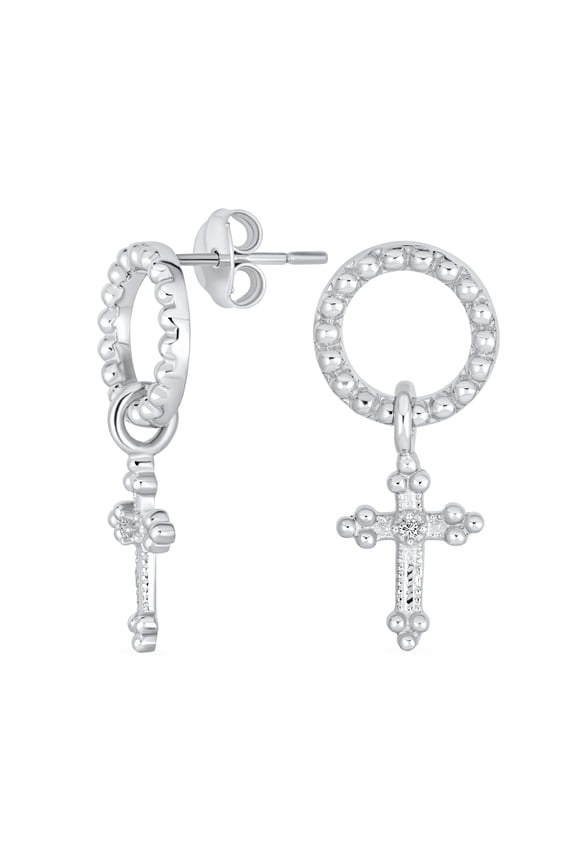 Womens Religious Spiritual Eternal Circle & Fleur De Lis Cross Earrings Sterling Silver