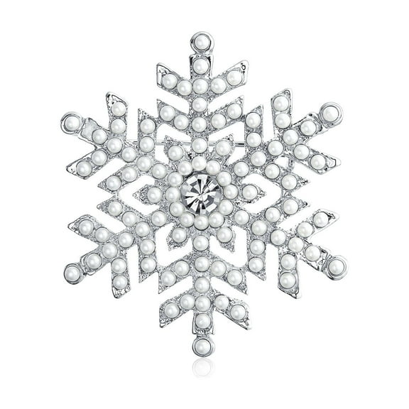 Bling Jewelry Womens Classic Christmas Brooche Pin White Pearl Crystal Snowflake  Accessory