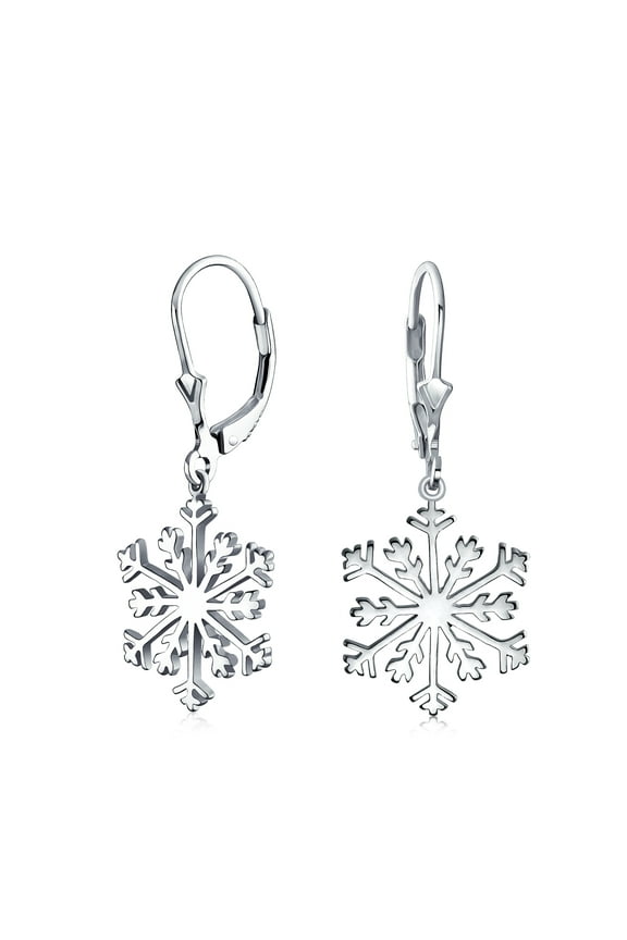 Womens Classic Christmas Snowflake Dangle Earrings in Sterling Silver Leverback