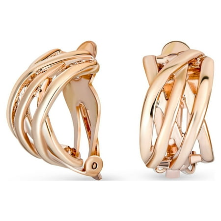 Bling Jewelry Womens Casual Wide Criss Cross Clip On Earrings Lightweight Non Pierced Ears Rose Gold Plated