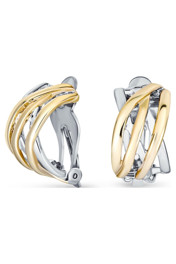 Womens Classic Criss Cross Clip-On Earrings Two Tone for Non-Pierced Ears Gold Plated