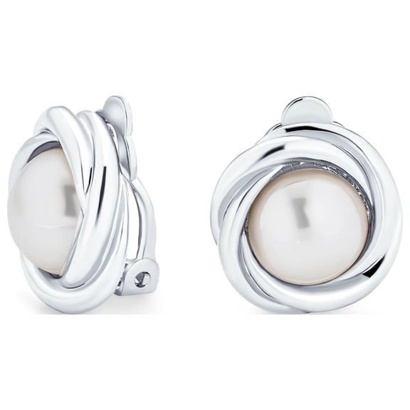 Bling Jewelry Womens Classic Faux White Pearl Clip On Earrings Cable Bezel Set Rhodium Plated