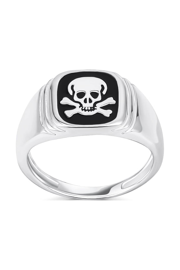Womens Classic Flat Black Onyx Gemstones Signet Skull Crossbones Ring Sterling Silver