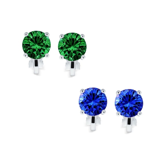 Bling Jewelry Womens Classic Green Blue CZ Clip-On Stud Earrings Rose Gold Silver Plated 2 Set