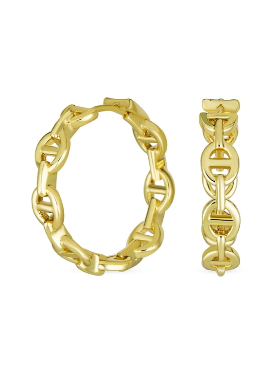 Womens Paper Clip Anchor Chain Link Hoop Earrings 1.25 Inch Gold Plated