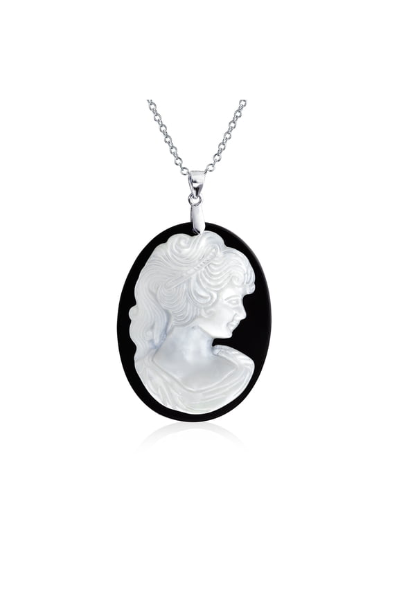 Womens Classic Victorian Black & White Cameo Pendant Necklace in Sterling Silver
