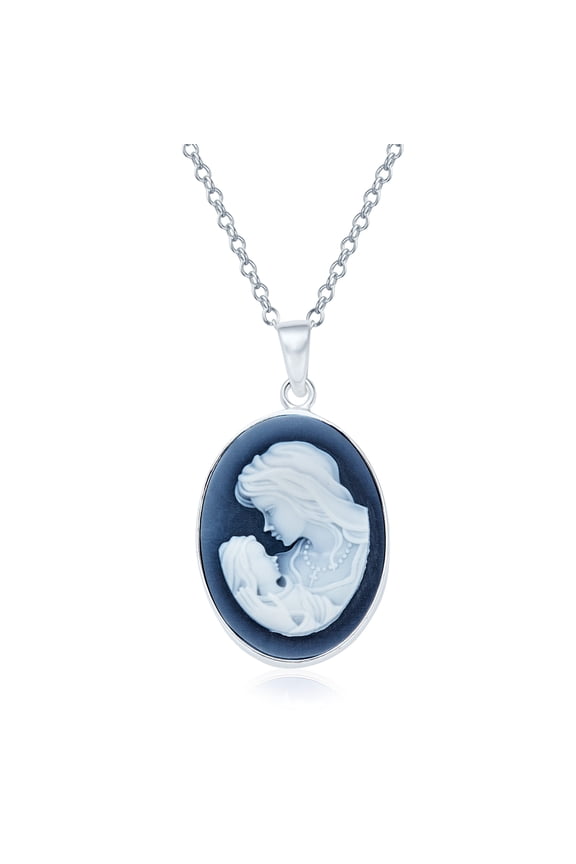 Womens Classic Victorian Lady Portrait Cameo Pendant Necklace Silver Blue & White