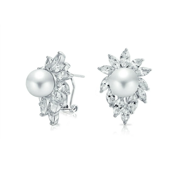 Bling Jewelry Womens Classic Vintage Halo Leaf CZ Stud Earrings with Marquise Simulated Pearl Silver