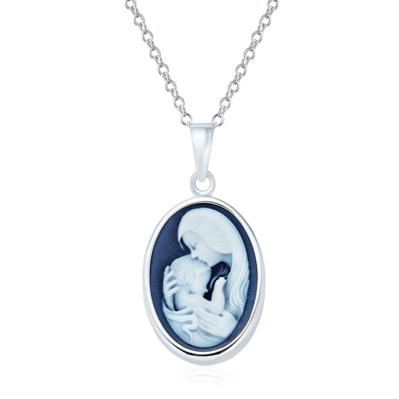 Bling Jewelry Womens Blue White Carved Oval Mother and Cameo Pendant Necklace Sterling Silver