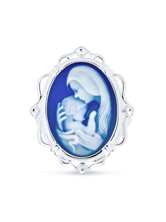 Womens Loving Mother & Oval Blue Cameo Statement Ring .925 Sterling Silver