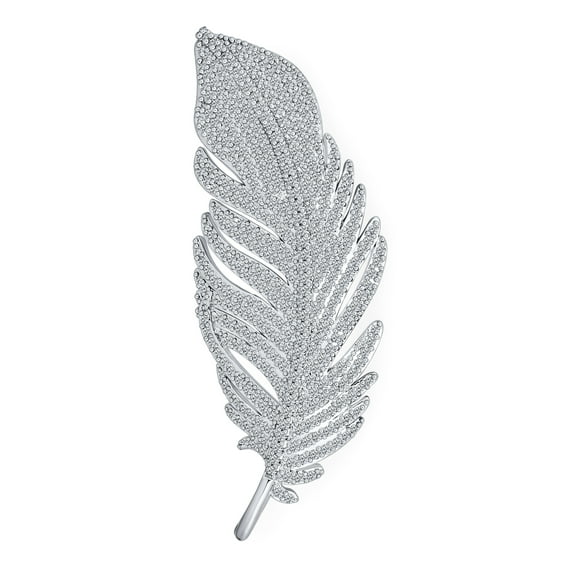 Bling Jewelry Womens Vintage Style Large Pave CZ Feather Leaf  Brooch Pin Rhodium Plated