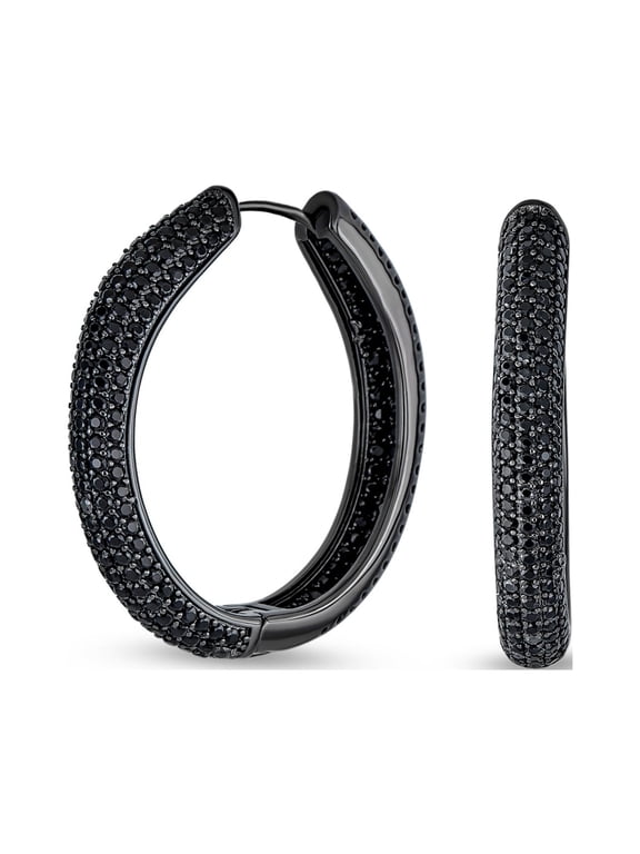 Womens Cocktail Fancy Black Onyx Pave CZ Inside Out Statement Hoop Earrings 1.65