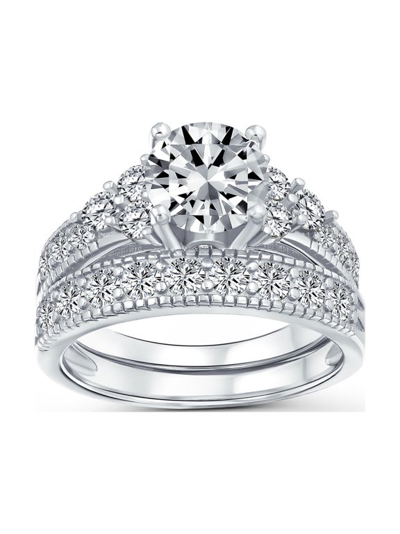 Womens 3CT Solitaire CZ Engagement Ring Anniversary Set Pave Band Sterling Silver