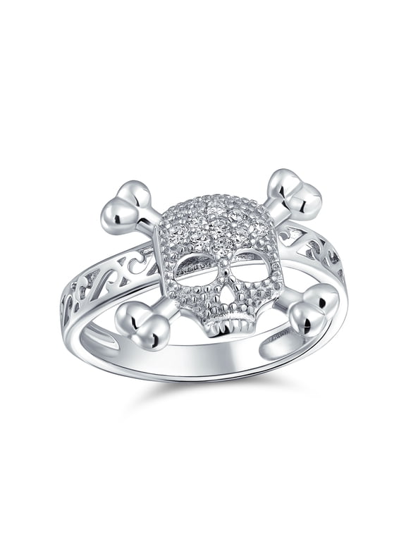 Womens Caribbean Pirate Goth Biker Crossbones Skull Ring Pave .925 Sterling Silver