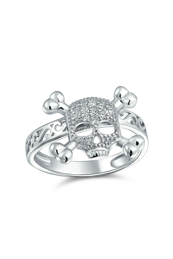 Womens Fashion Caribbean Goth Pirate Skull Crossbones CZ Ring Sterling Silver