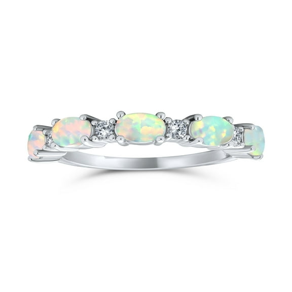 Bling Jewelry Womens Thin CZ Accent Stackable Oval White Created Opal Band Ring .925 Sterling Silver