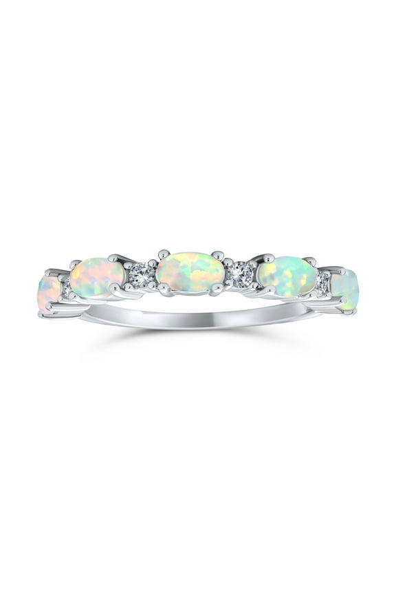 Womens Thin CZ Accent Stackable Oval White Created Opal Band Ring .925 Sterling Silver