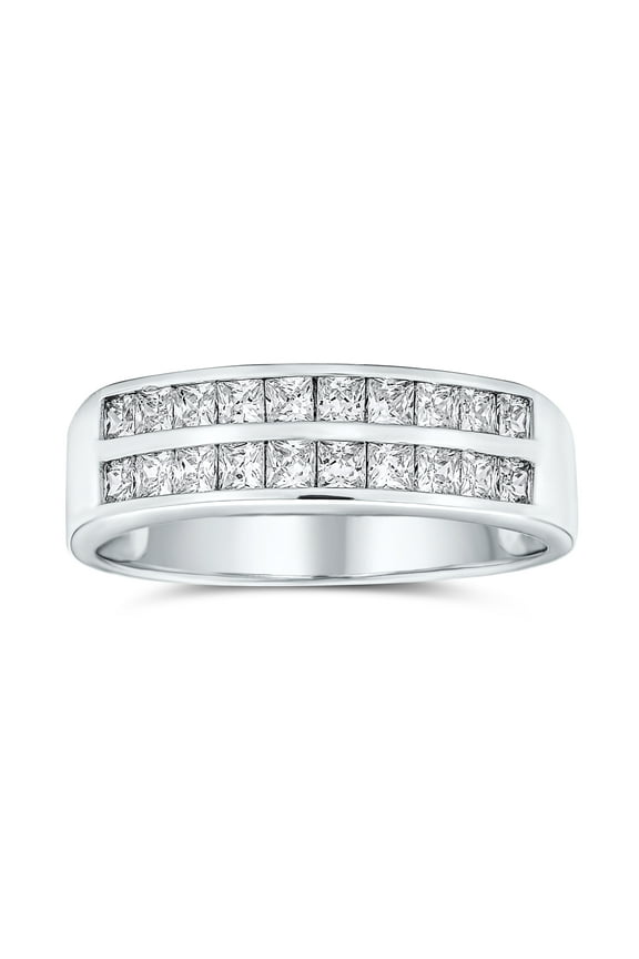 Womens Two Row Channel Set Princess Cut CZ Anniversary Band Ring Sterling Silver