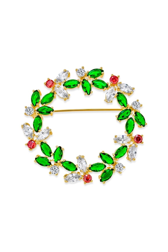 Womens Colorful Marquise CZ Wreath Brooche Pin 14K Gold Plated for Christmas Holiday