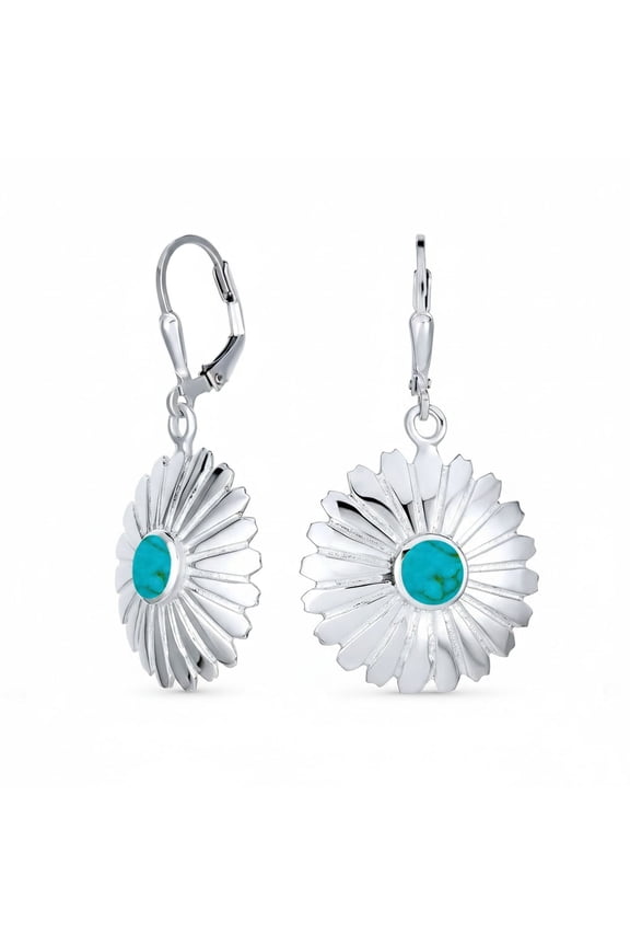 Womens Style Blue Natural Turquoise Dangle Flower Earrings Sterling Silver Lever Back