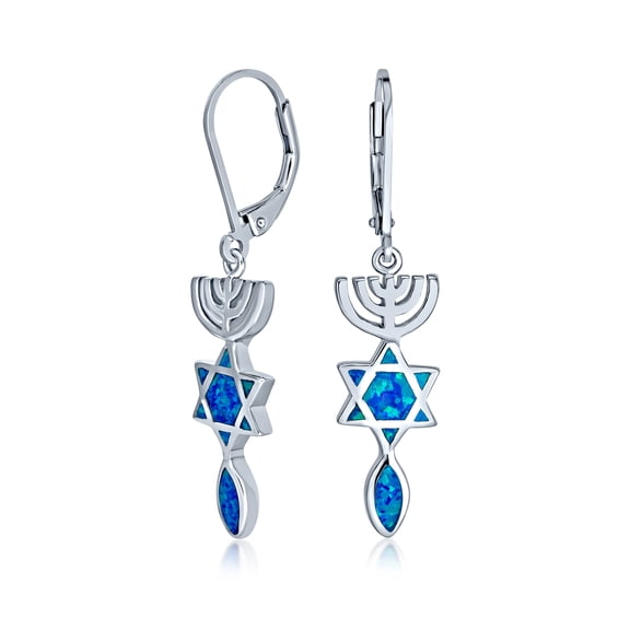 Bling Jewelry Womens Created Blue Opal Judaica Menorah Star Dangle Gemstone Earrings Sterling Silver