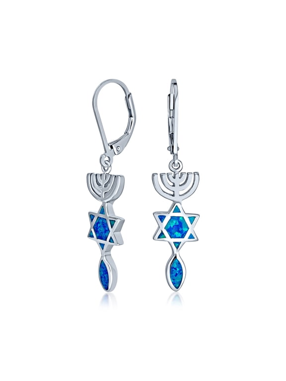 Womens Created Blue Opal Menorah Star of David Dangle Earrings Sterling Silver